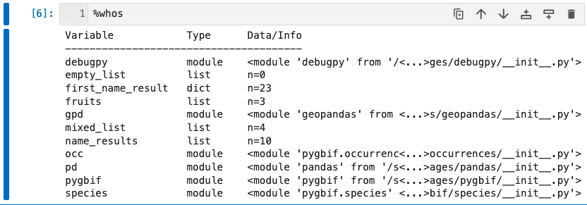 Seeing variables with %whos