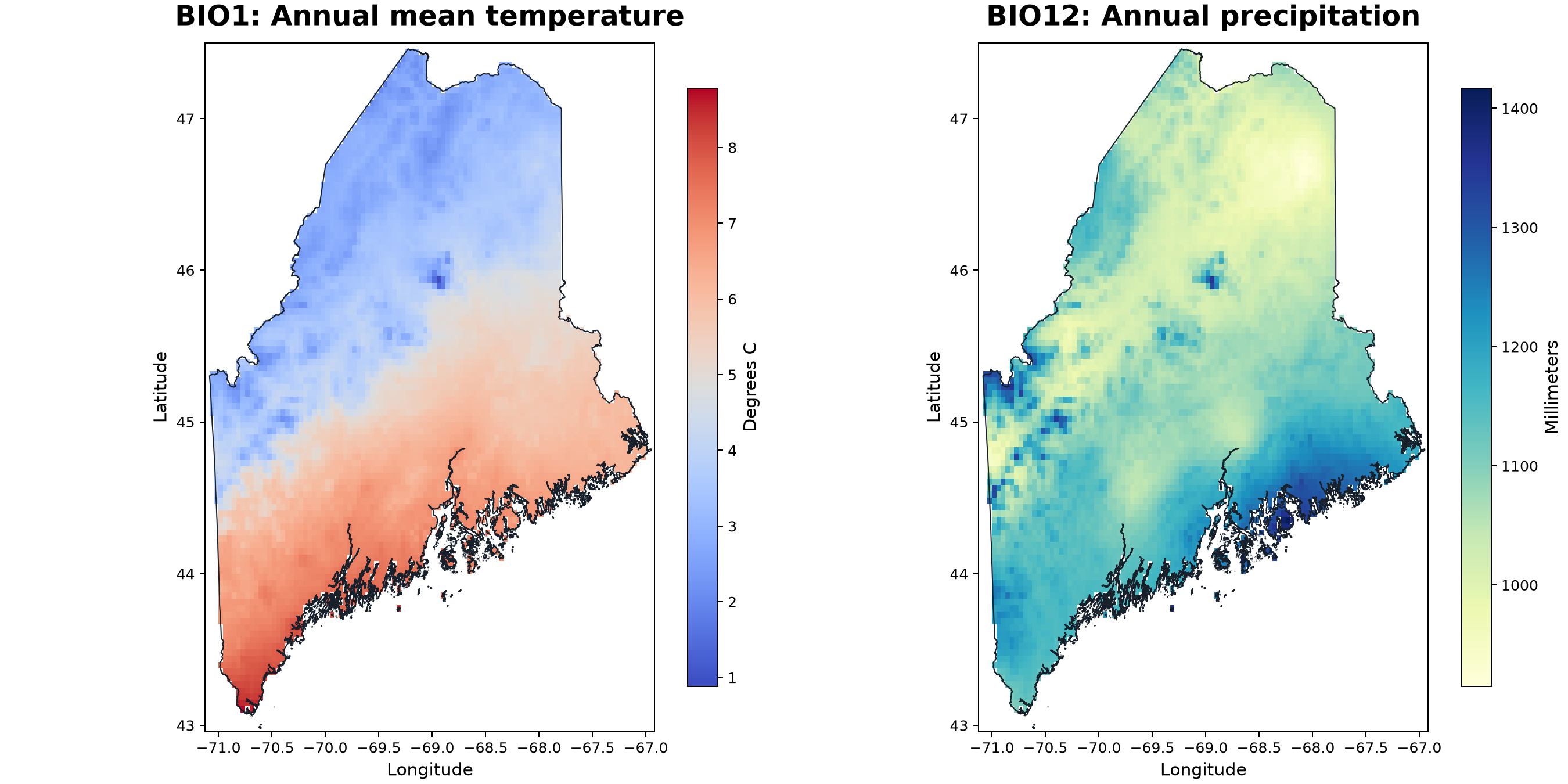 Maps of annual mean temperature and annual precipitation across Maine