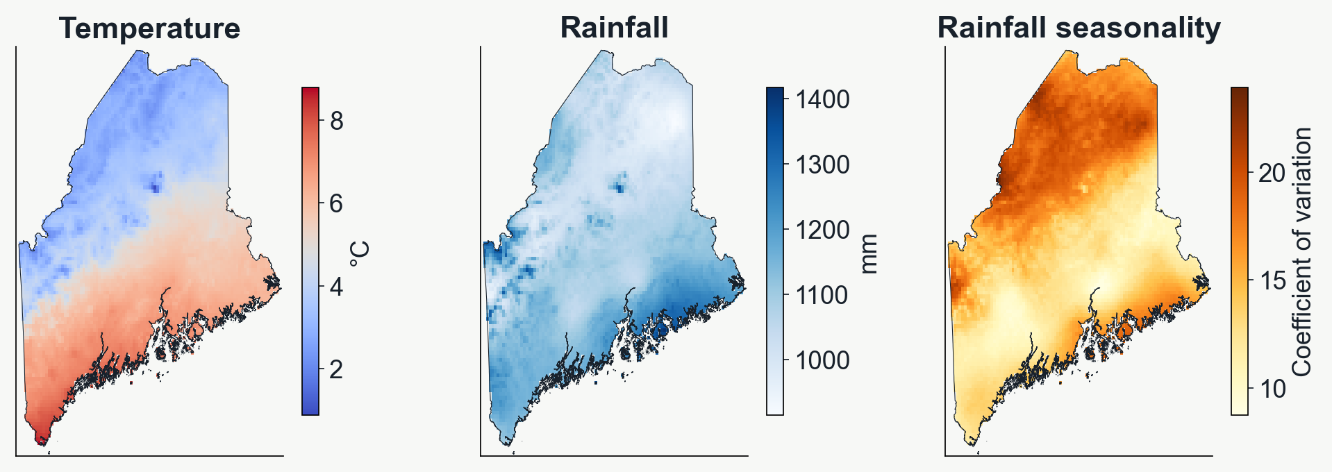 Three Maine raster maps show annual mean temperature, annual precipitation, and precipitation seasonality, with units on color scales.
