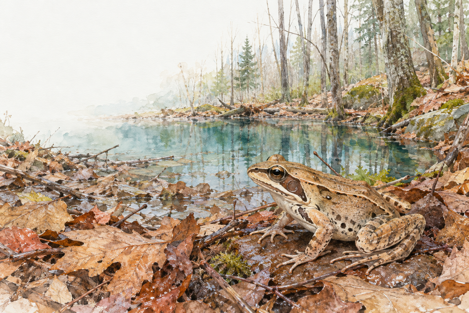 Natural-history illustration of a wood frog beside a woodland pool in Maine.