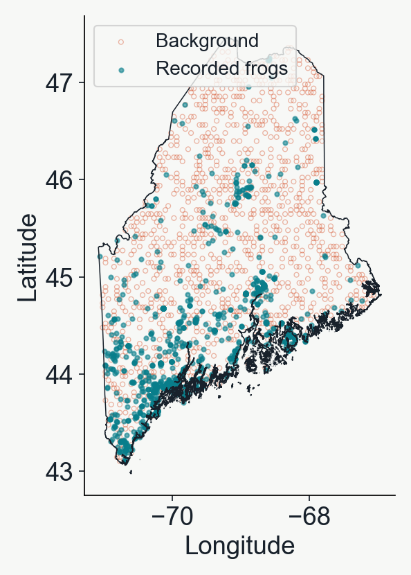 Maine map with teal wood-frog occurrence points and open coral background points sampled across the valid climate grid.