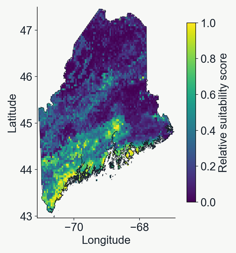 Maine relative suitability map from the all-data three-variable wood-frog random forest, ranging from 0 to 1.