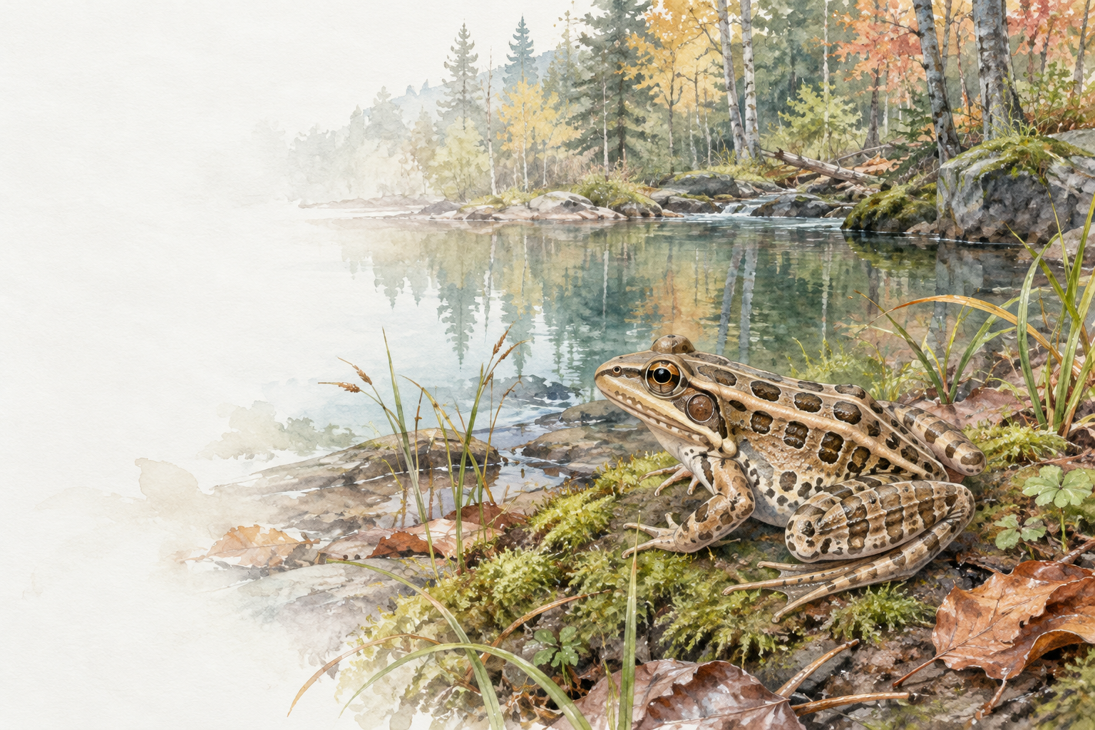 Natural-history illustration of a pickerel frog on a mossy bank beside a Maine woodland stream.