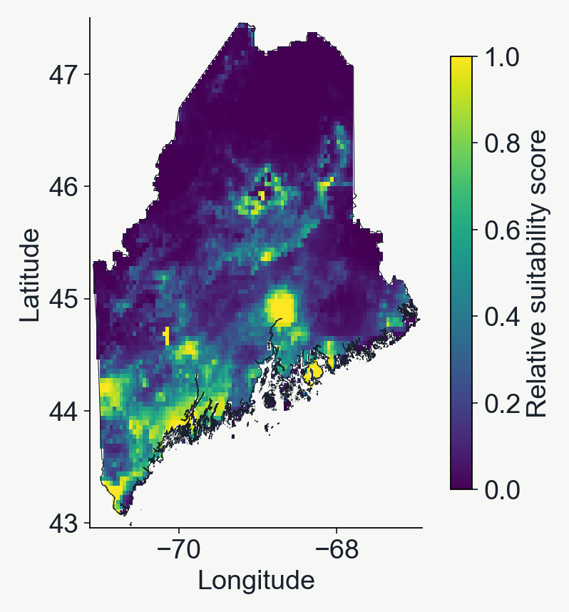 Relative suitability map for pickerel frogs fitted with elapid MaxentModel using 19 climate rasters and weighted presence/background records.