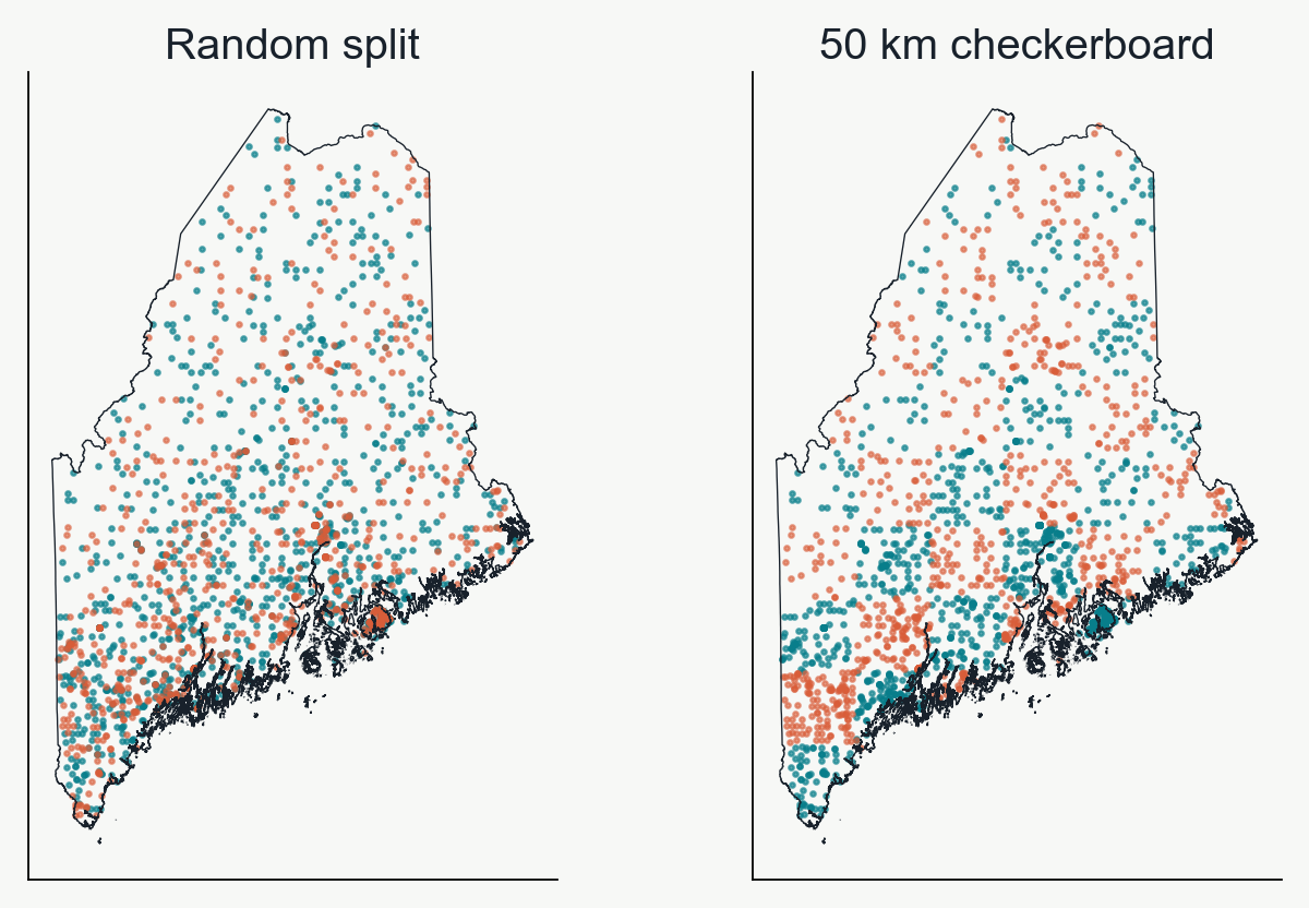 Actual elapid checkerboard split of Maine modeling points, with entire 50 km blocks assigned to training in teal or testing in coral.