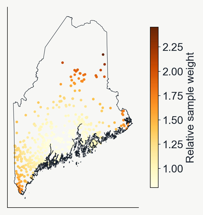 Pickerel-frog occurrences colored by distance-based sample weight, calculated in projected meters using elapid distance_weights.
