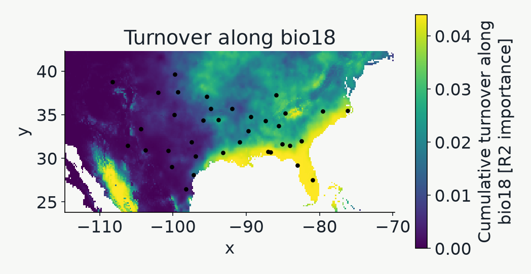 Regional map of the highest-ranked predictor after transformation through its cumulative turnover curve, with sampled individuals overlaid.